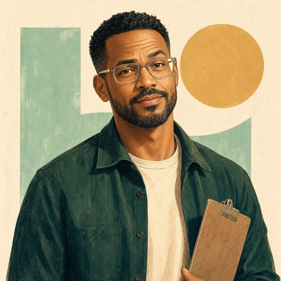 Illustrated portrait of fictional Texture Editor Crispin Cole
