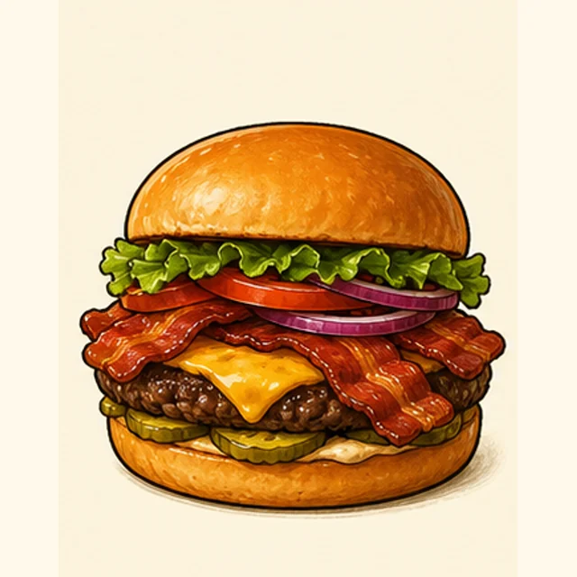 Playful illustrated bacon cheeseburger