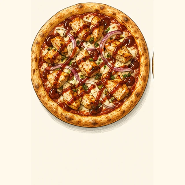 Illustrated barbecue chicken pizza.