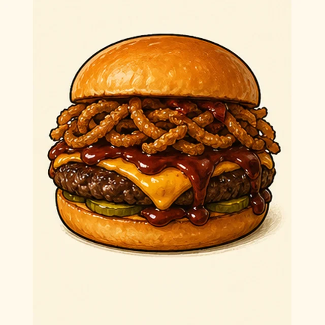 Illustrated barbecue onion burger.