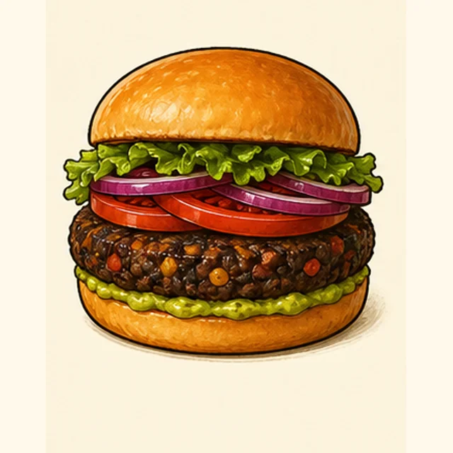 Illustrated black bean burger.