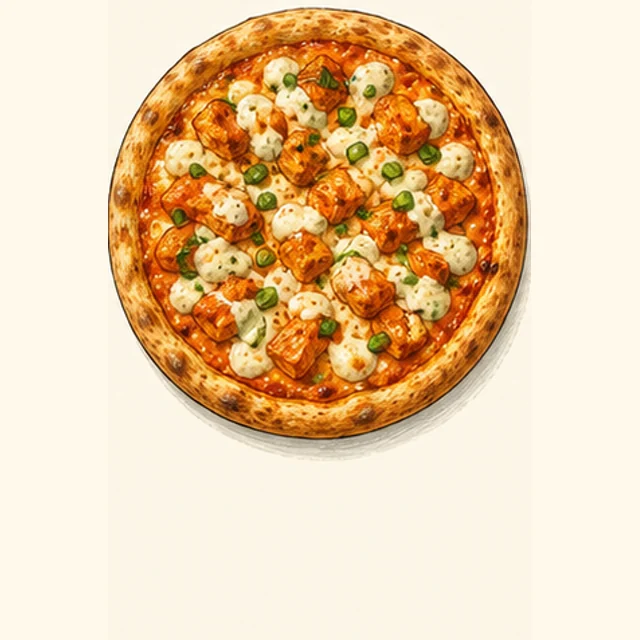 Illustrated buffalo chicken pizza.