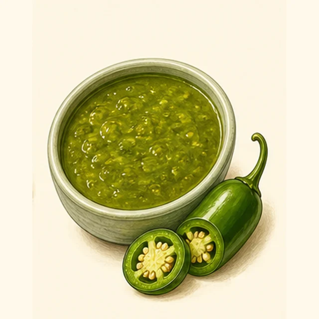Illustrated green jalapeño hot sauce.