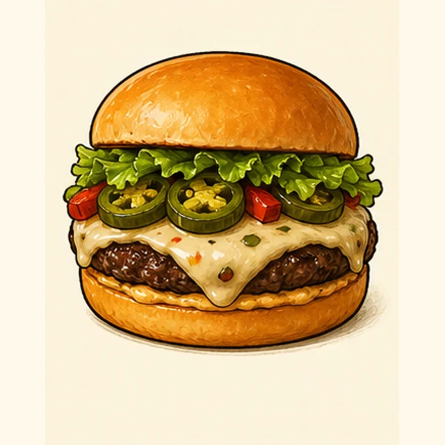 Playful illustrated jalapeño pepper-jack burger