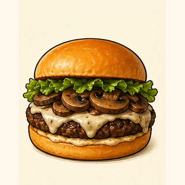 Playful illustrated mushroom swiss burger