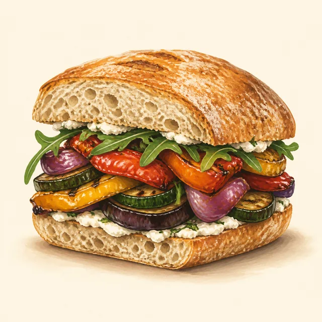 Illustrated roasted vegetable sandwich.