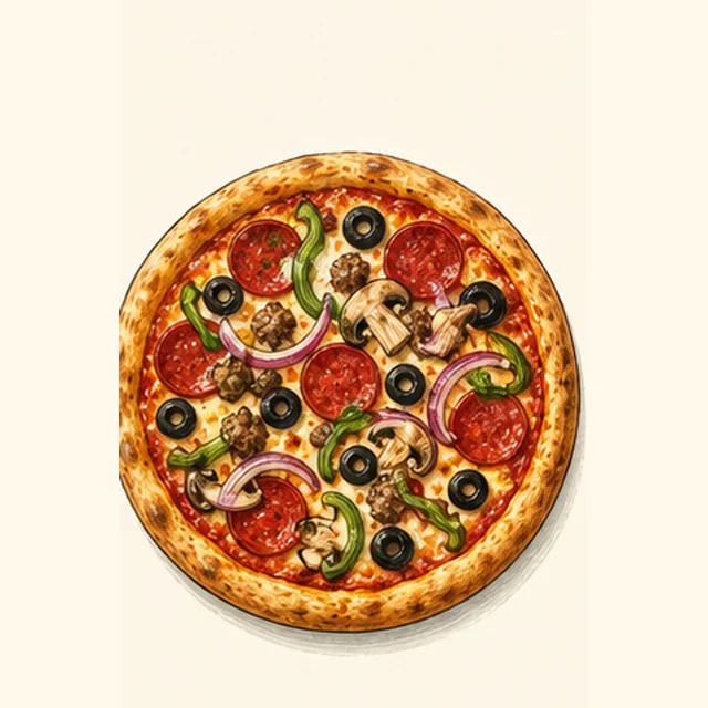 Playful illustrated supreme pizza