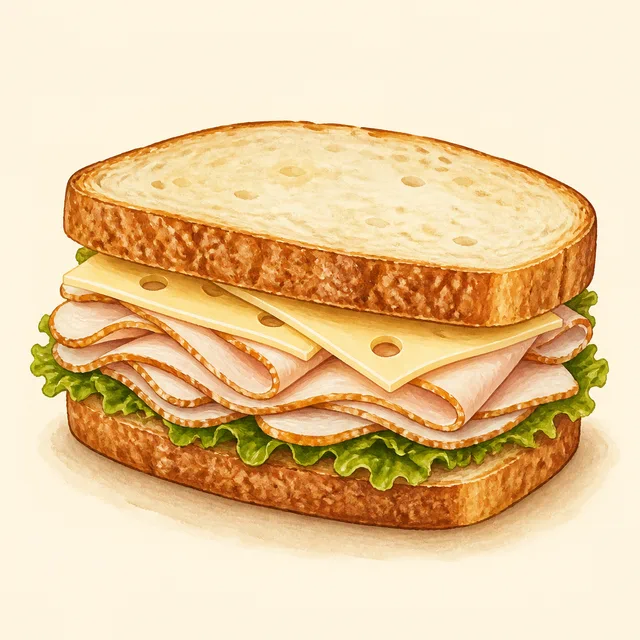 Illustrated turkey and swiss sandwich.