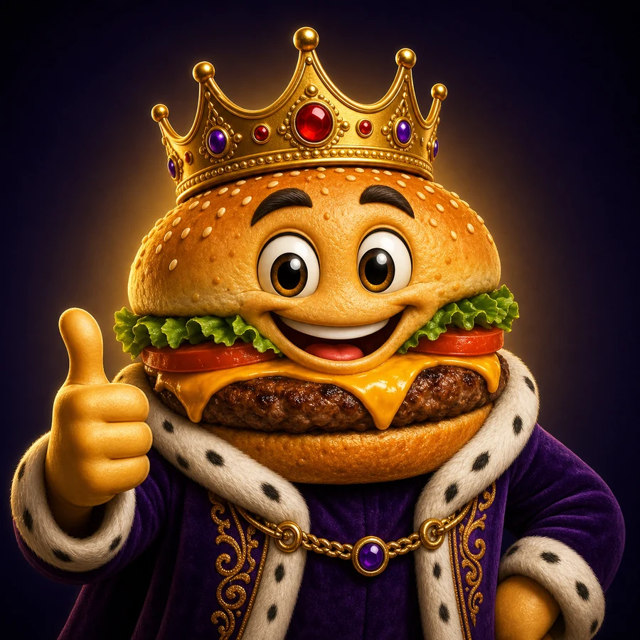 A smiling cheeseburger king wearing a jeweled crown and purple robe and giving a thumbs-up