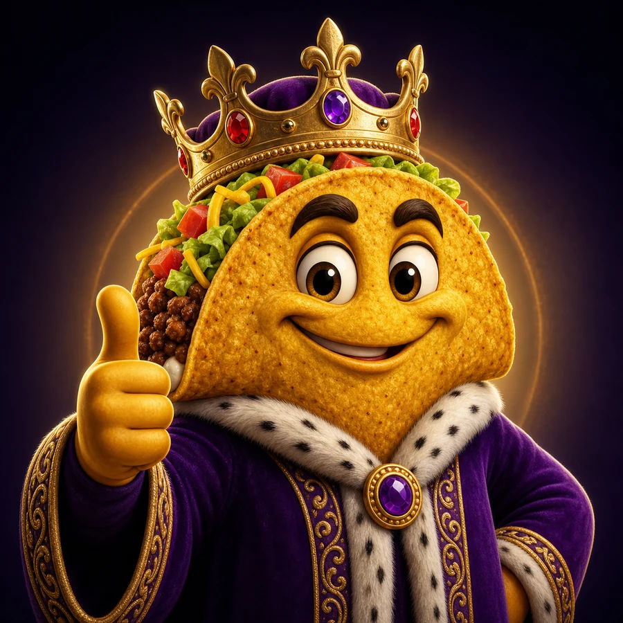 A smiling taco king wearing a jeweled crown and purple robe and giving a thumbs-up