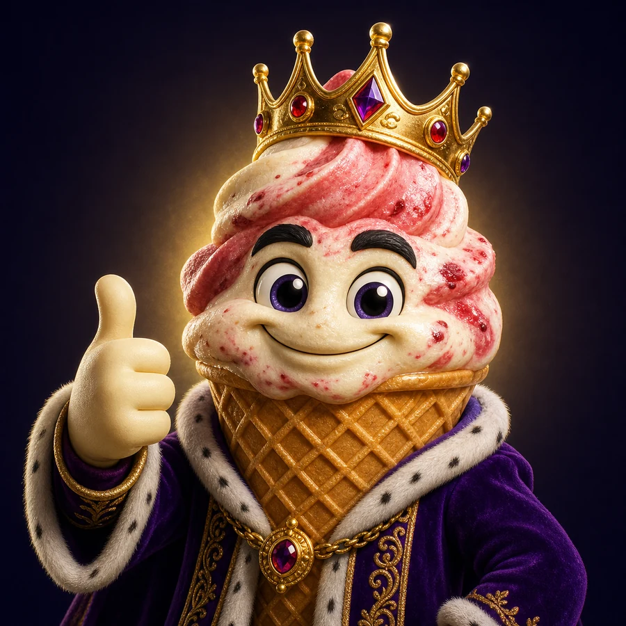 A smiling strawberry ice cream cone king wearing a jeweled crown and purple robe and giving a thumbs-up