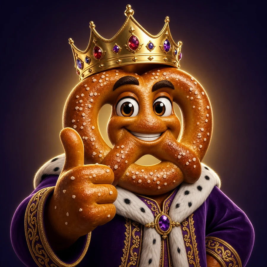 A smiling pretzel king wearing a jeweled crown and purple robe and giving a thumbs-up
