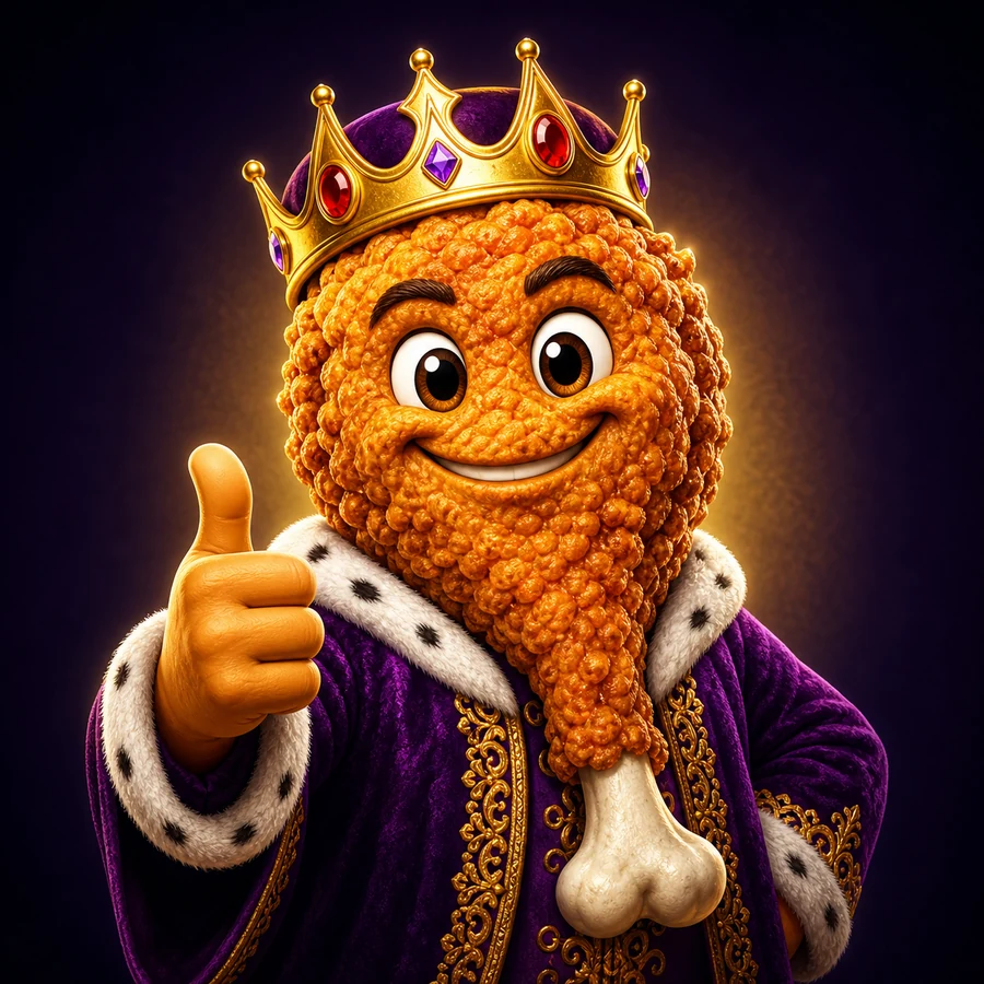 A smiling fried chicken king wearing a jeweled crown and purple robe and giving a thumbs-up