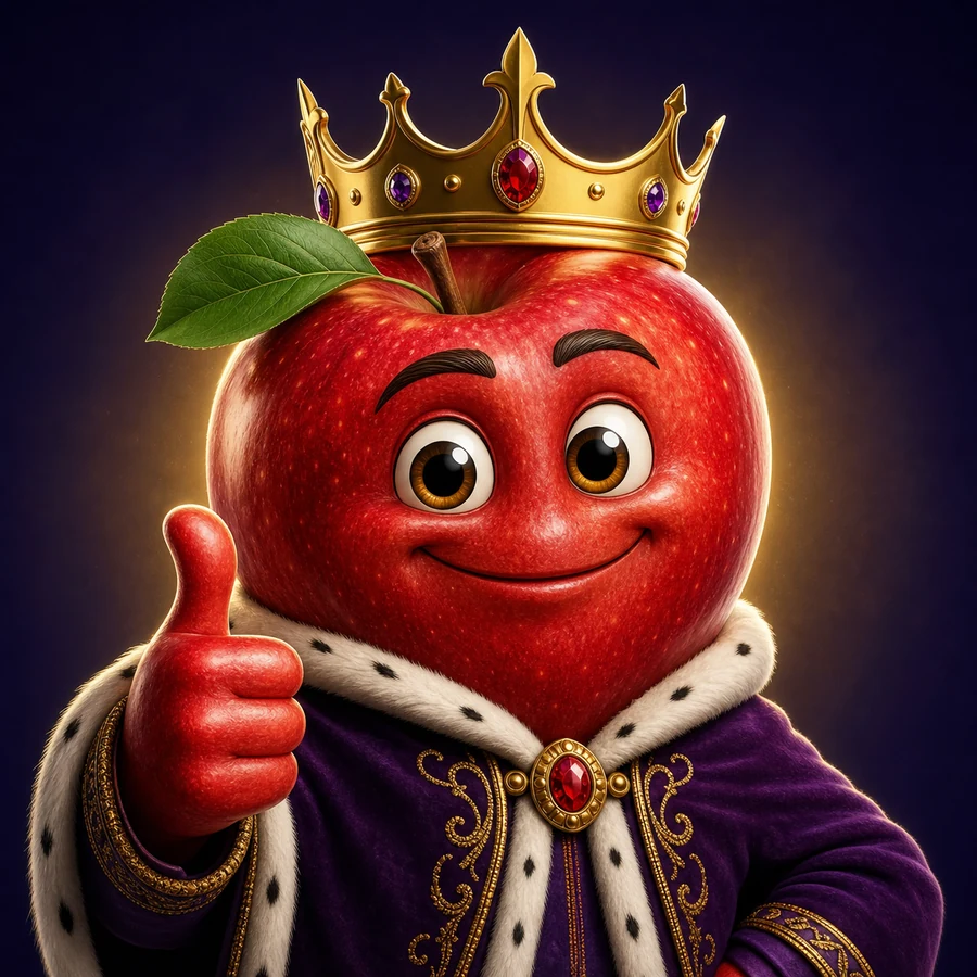 A smiling red apple king wearing a jeweled crown and purple robe and giving a thumbs-up
