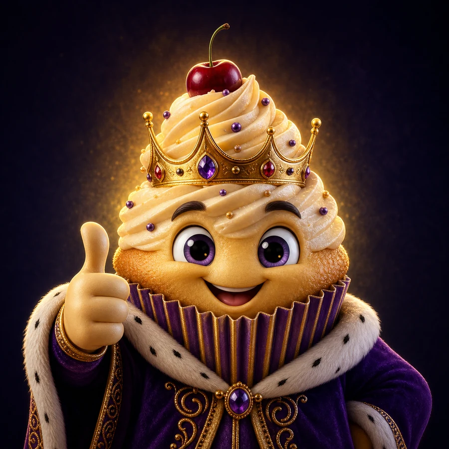 A smiling frosted cupcake king wearing a jeweled crown and purple robe and giving a thumbs-up