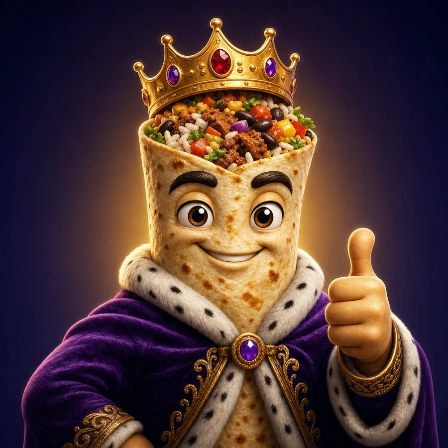 A smiling burrito king wearing a jeweled crown and purple robe and giving a thumbs-up