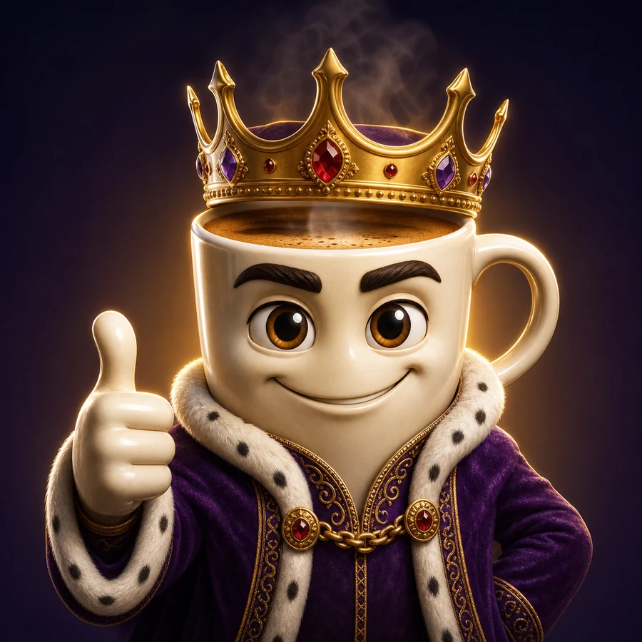 A smiling cup of coffee wearing a jeweled crown and purple robe and giving a thumbs-up