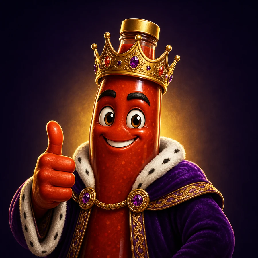 A smiling bottle of hot sauce wearing a jeweled crown and purple robe and giving a thumbs-up