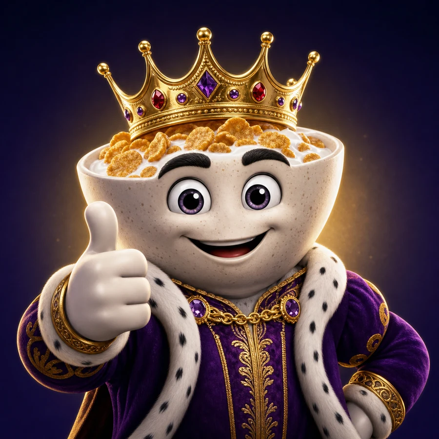 A smiling bowl of cereal wearing a jeweled crown and purple robe and giving a thumbs-up