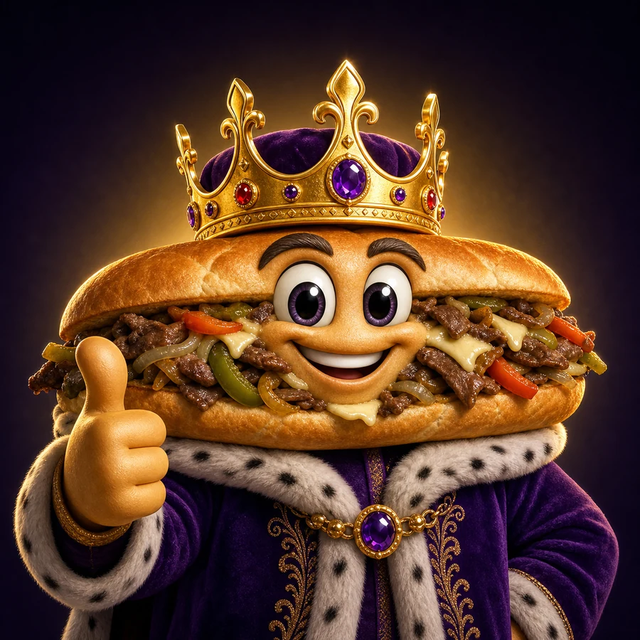 A smiling cheesesteak king wearing a jeweled crown and purple robe and giving a thumbs-up